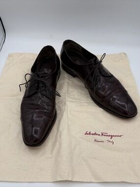 Salvatore Ferragamo Cap Toe Oxford Dress Shoes Mens Brown Leather Lace 9 B Italy